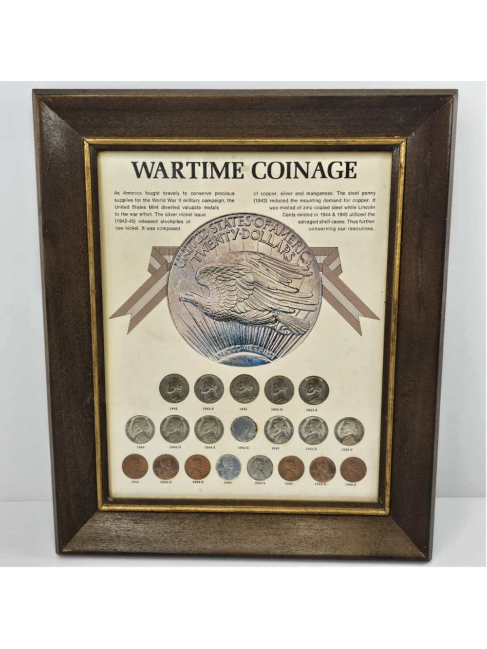 Framed WWII Wartime Coinage Display Jefferson War Nickels, Steel Wheat Pennies